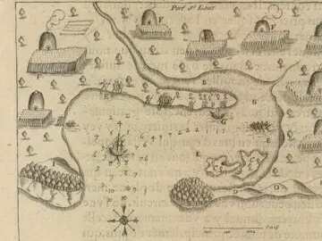 Port St. Louis with Wampanoag houses and gardens, French and Native boats, and groups of people. Depth soundings are numbered in fathoms.