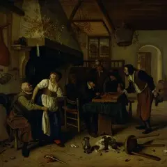 Men play a board game in a messy interior.