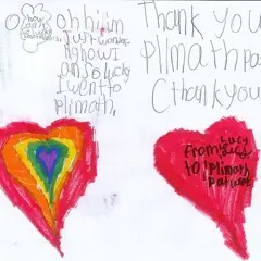 Children’s thank you note. Text: How am I so lucky I am at Plimoth. Oh hi I’m just wondering how I am so lucky I went to Plimoth. Thank you Plimoth Patuxet. (Thank you note). From Lucy Lucs. To Plimoth Patuxet.