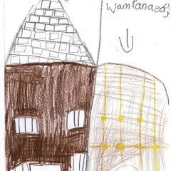 A labeled Pilgrim house on one side of a piece of paper, and a labeled Wampanoag home on the other side.