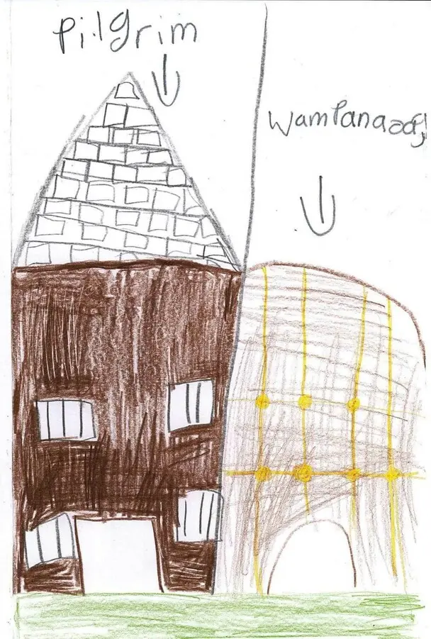 A labeled Pilgrim house on one side of a piece of paper, and a labeled Wampanoag home on the other side.