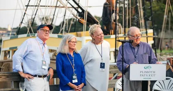 Plimoth Patuxet Trustees deliver an address on the pier before Mayflower II.