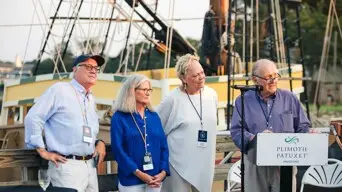 Plimoth Patuxet Trustees deliver an address on the pier before Mayflower II.