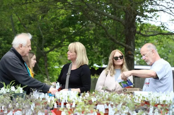 Horticulturist speaks with shoppers at plant sale