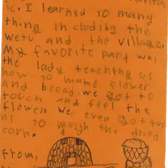 Thank you note from a child who visited the Museum on a field trip. The note is written on orange construction paper and includes drawings the oven in the 17th-Century English Village.