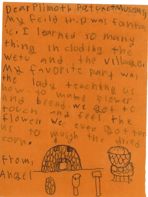 Thank you note from a child who visited the Museum on a field trip. The note is written on orange construction paper and includes drawings the oven in the 17th-Century English Village.