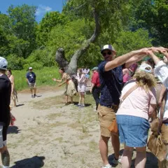Guests and Culture Keepers participate in a traditional Wampanoag dance on the Historic Patuxet Homesite
