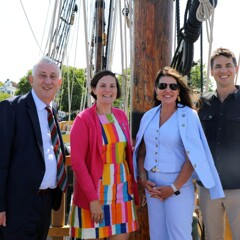 Sir Lindsay Hoyle with Rep. Michelle Badger, Rep. Kathleen LaNatra, and Senator Dylan Fernandes aboard Mayflower II