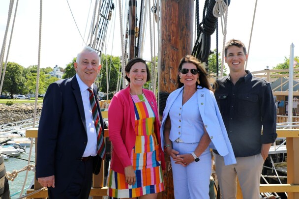 Sir Lindsay Hoyle with Rep. Michelle Badger, Rep. Kathleen LaNatra, and Senator Dylan Fernandes aboard Mayflower II
