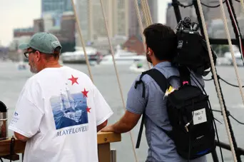 Sail boston 2026 sunset sail boston mayflower ship captain news camera man skyline