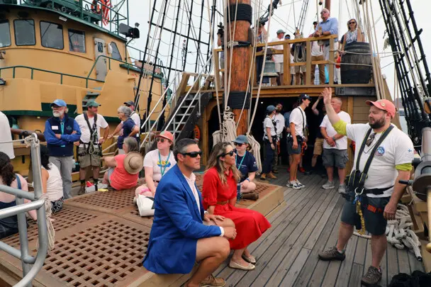 Sail boston 2026 sunset sail tug boat mayflower guests