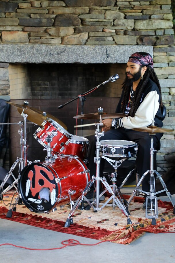 The Groovalottos drummer plays at Plimoth Patuxet.