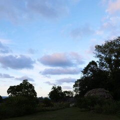 The post-contact wetu on a hill at dusk.