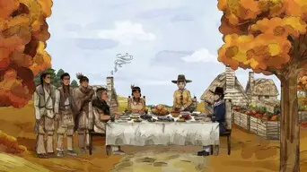 The Wampanoag and Pilgrims join each other a table on the First Thanksgiving