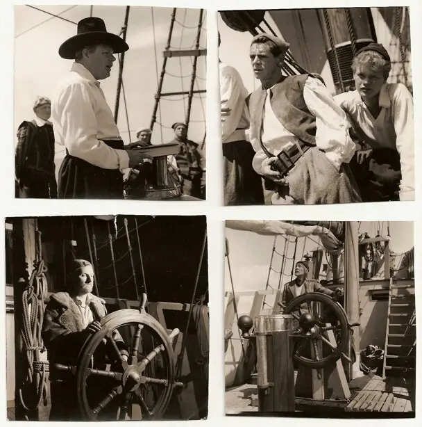 Collage of photos depicting men in costume aboard mayflower