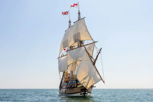 Mayflower under sail on blue sea