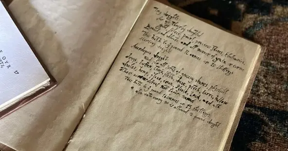 Antique journal open to a page with writing in black ink