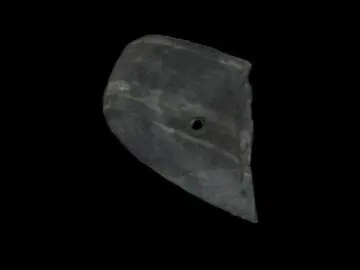 Half of a broken, oval-shaped, banded slate gorget with one hole drilled into it
