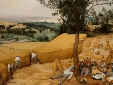 Peasants harvest wheat with scythes. A group of peasants rest under a tree by eating, drinking and sleeping.