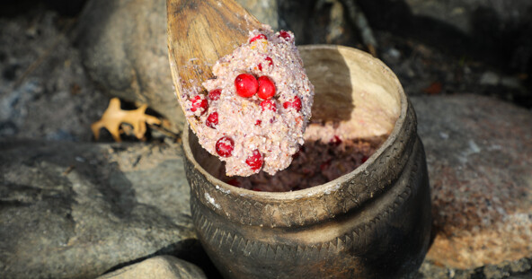 cranberry nasaump in a Wampanoag cooking pot
