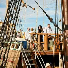 Guests gather abord Mayflower II.