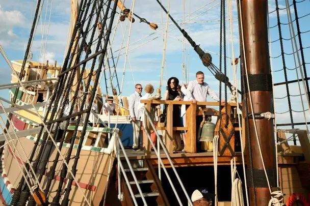 Guests gather abord Mayflower II.