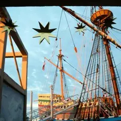 Mayflower II from exhibit dock with event decor.