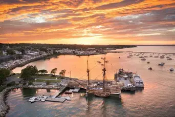 Aerial view of sunset over Mayflower II.