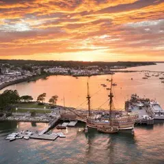 Aerial view of sunset over Mayflower II.